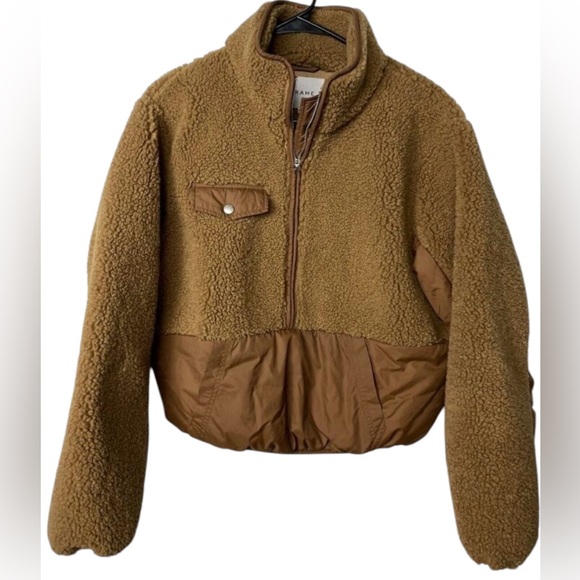 Frame Denim brown Sherpa fleece mix cropped zippered pullover jacket Sz M - Picture 5 of 8